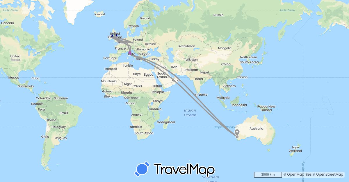 TravelMap itinerary: driving, plane, train in United Arab Emirates, Australia, Czech Republic, Germany, United Kingdom, Ireland, Italy, Netherlands (Asia, Europe, Oceania)